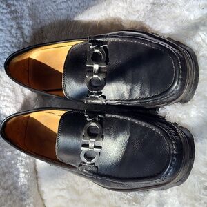 Salvatore Ferragamo Black Leather Loafers with Metallic Detail